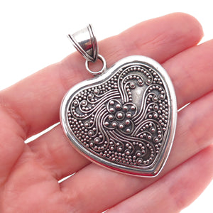 Suarti Bali 925 Sterling Silver Vintage Granulated Floral Heart Oxidized Pendant