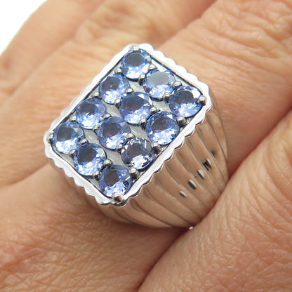 DSMK 925 Sterling Silver Real Round-Cut Tanzanite Cluster Ring Size 7.25