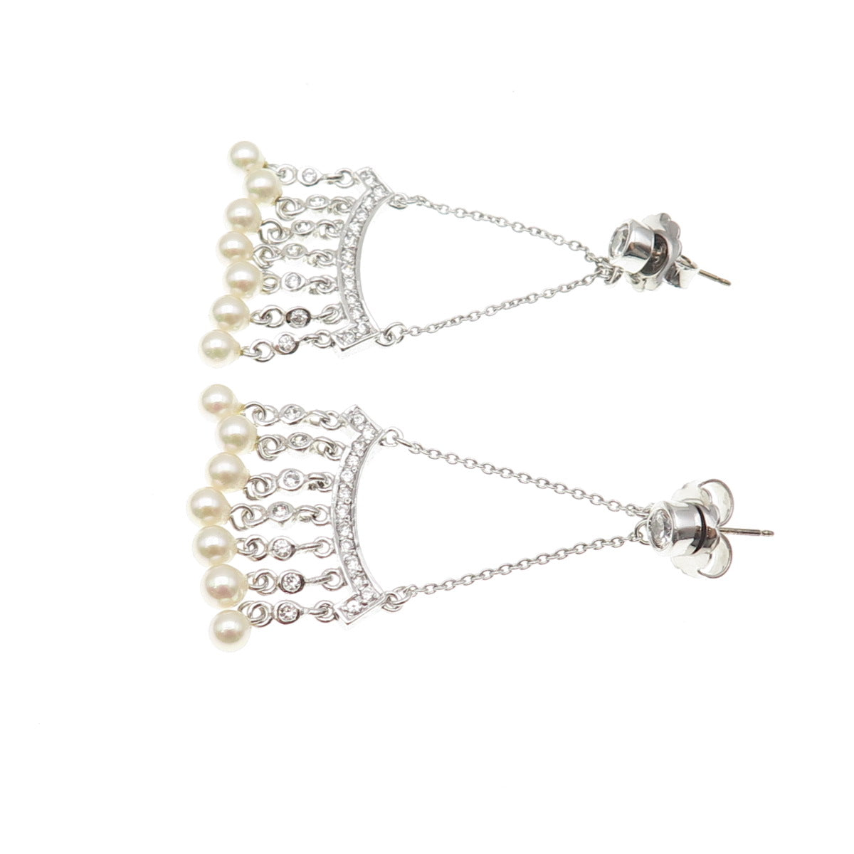 925 Sterling Silver Faux Pearl & C Z Chatelaine Dangle Earrings