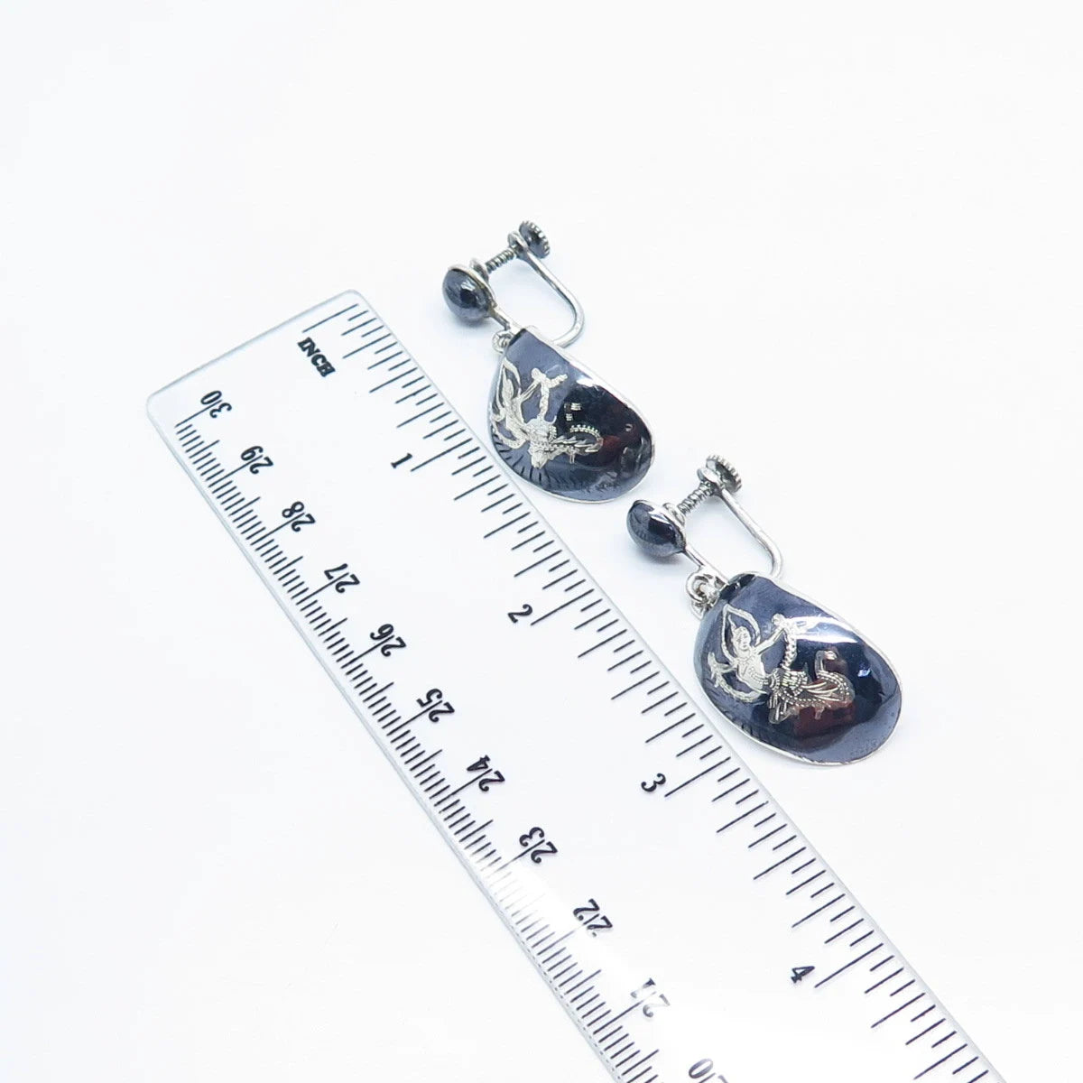 925 Sterling Silver Vintage Siam Niello Hindu Goddess Screw Back Earrings