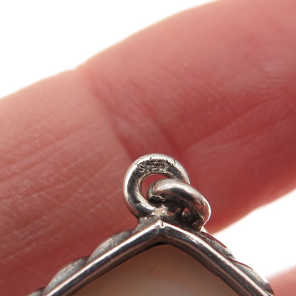 925 Sterling Silver Vintage Real Agate Square Charm Pendant