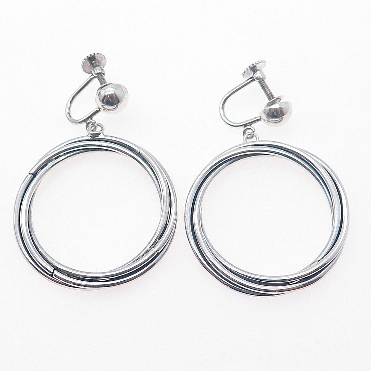 925 Sterling Silver Vintage Modernist Trinity Circle Dangle Screw Back Earrings