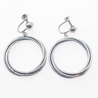 925 Sterling Silver Vintage Modernist Trinity Circle Dangle Screw Back Earrings