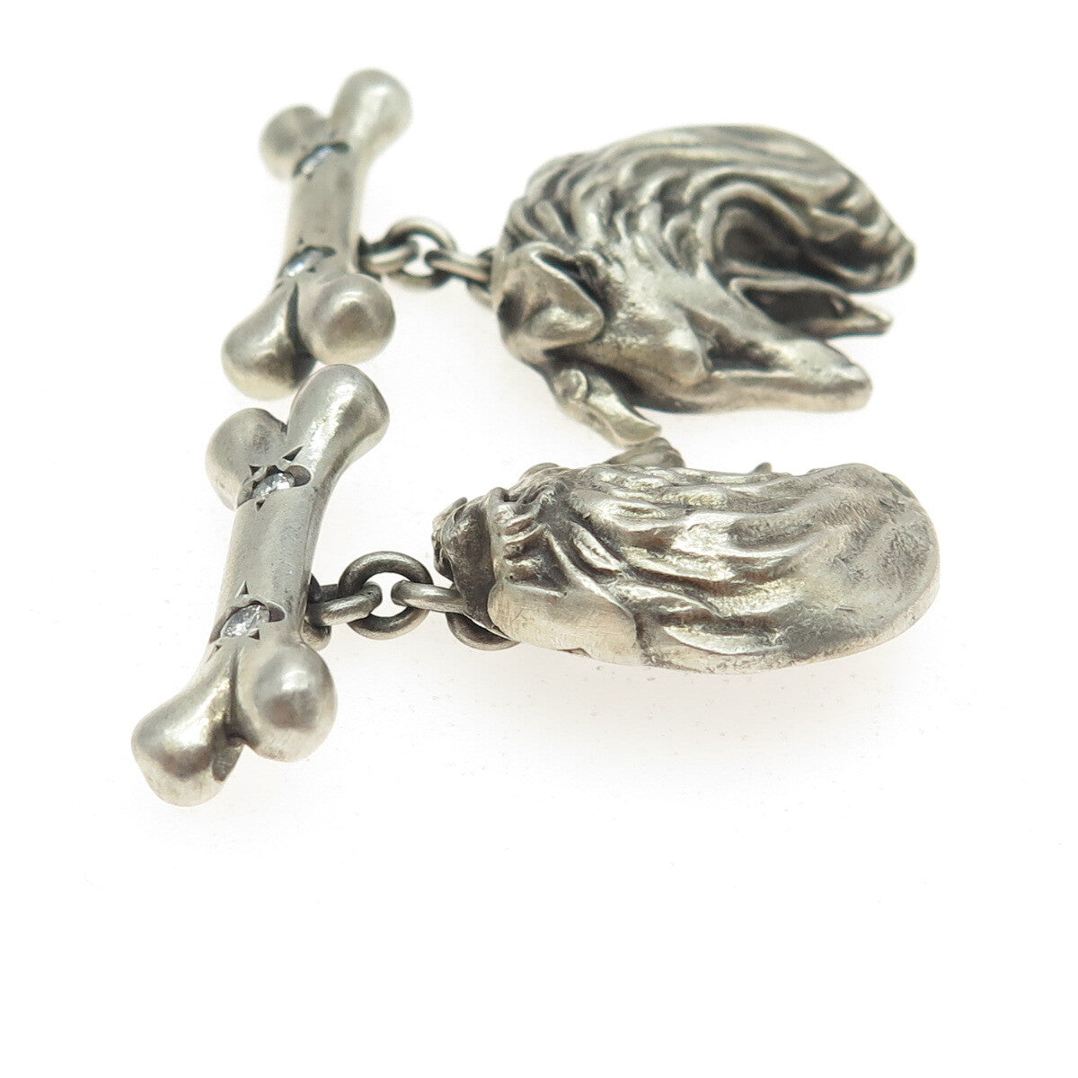 925 Sterling Silver Vintage Real Round-Cut White Diamond Collie Dog Cufflinks