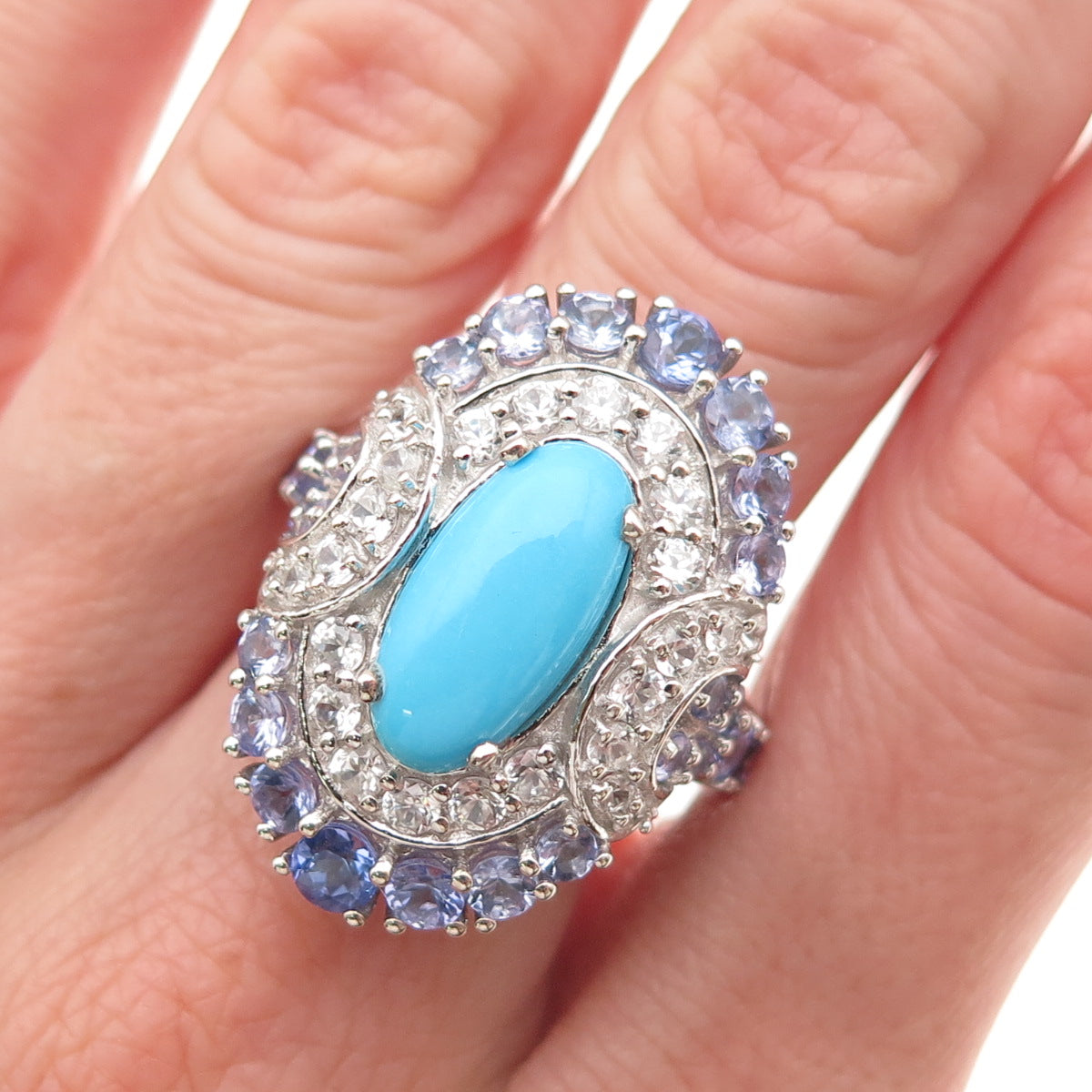 Chuck Clemency 925 Sterling Real Turquoise Tanzanite White Topaz Ring Size 8.25
