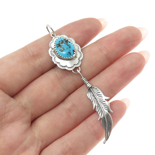 Old Pawn Sterling Silver Southwestern Morenci Turquoise Feather Tribal Pendant