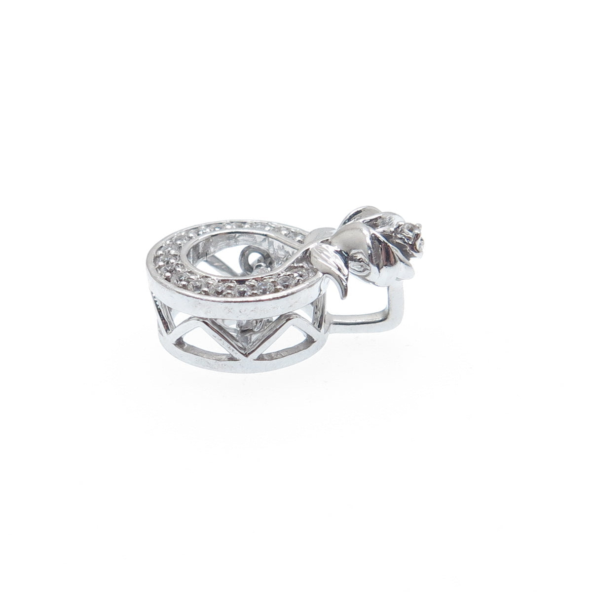 925 Sterling Silver Round-Cut C Z Rose Flower Minimalist Charm Slide Pendant