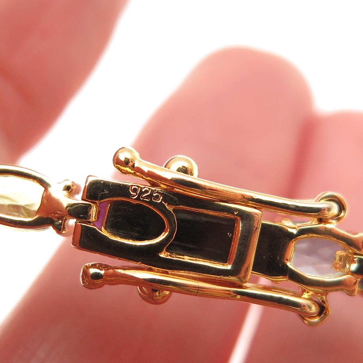 925 Sterling Gold Plated Vintage Real Blue Topaz Peridot Amethyst Bracelet 7.75"