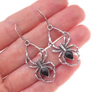 925 Sterling Silver Vintage Real Black Onyx Spider Oxidized Dangle Earrings