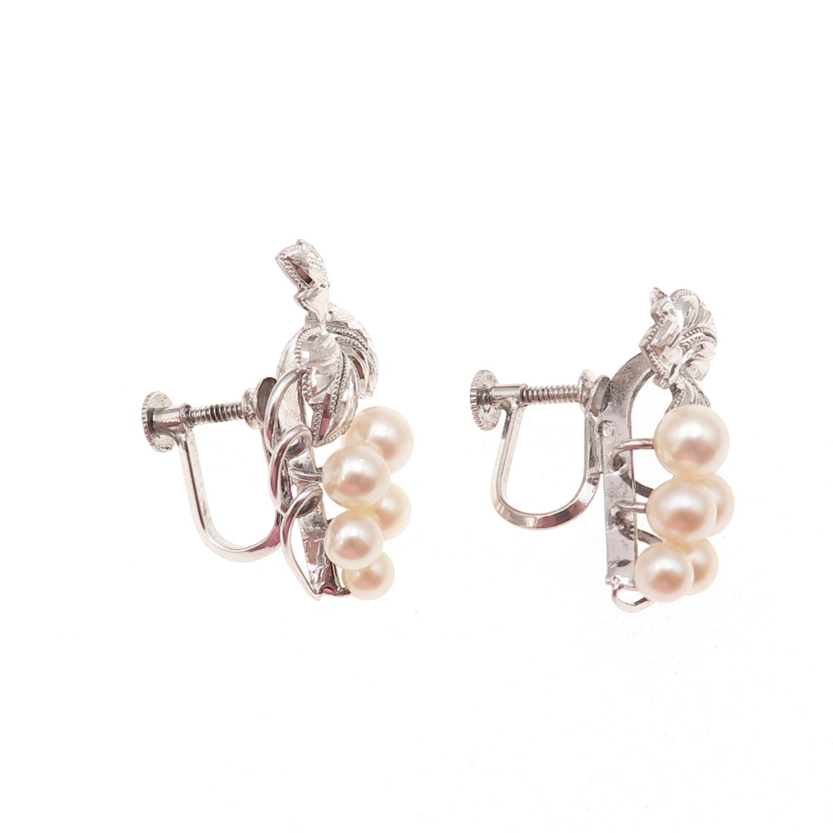 925 Sterling Antique Art Deco Real Akoya Pearl Floral Screw Back Earrings