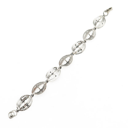 BEAU Sterling Silver Antique Art Deco Petal Filigree Oxidized Link Bracelet 7"