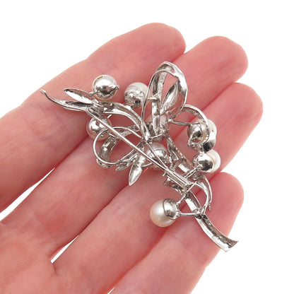 925 Sterling Silver Antique Art Deco Real Akoya Pearl Floral Pin Brooch