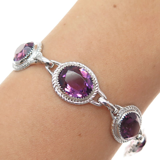 DANECRAFT 925 Sterling Silver Vintage Oval-Cut Purple Glass Bracelet 6.5"