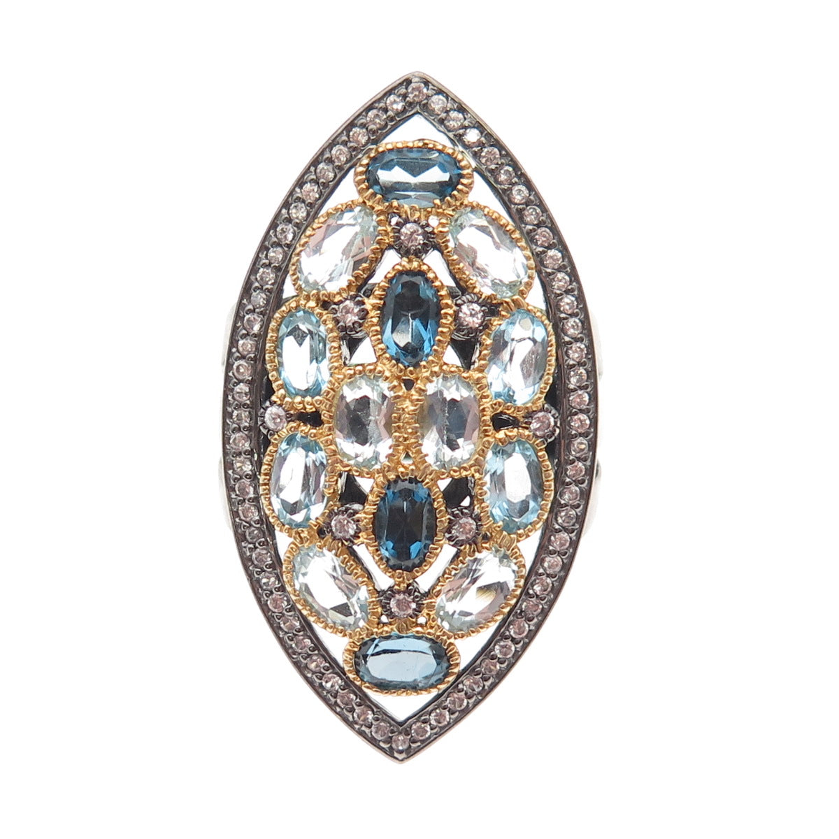 925 Sterling 2-Tone Black Rhodium Real London Blue & White Topaz Ring Size 6.25
