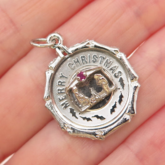 925 Sterling Silver Vintage Rhinestone Merry Christmas Nativity Charm Pendant