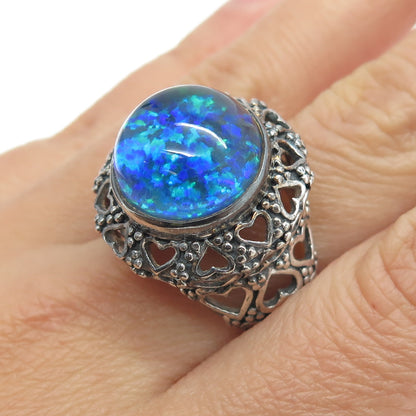 SAJEN 925 Sterling Silver Vintage Real Doublet Black Opal Heart Ring Size 9