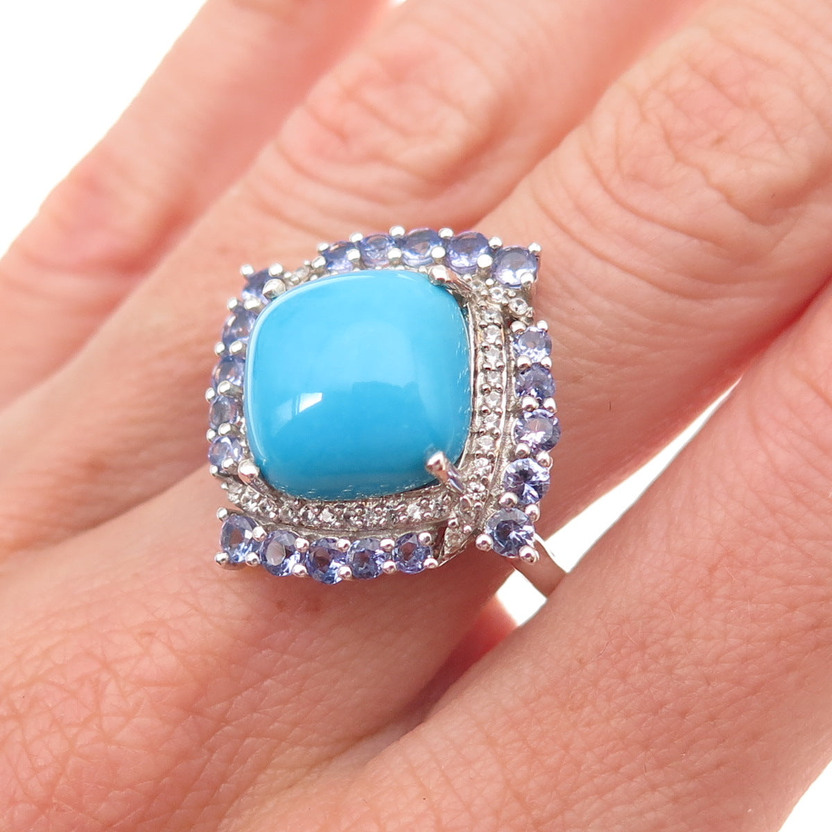 Chuck Clemency Sterling Silver Real Turquoise Tanzanite White Topaz Ring Size 8