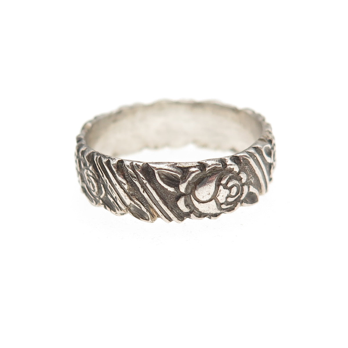 925 Sterling Silver Vintage Rose Flower Oxidized Band Ring Size 7