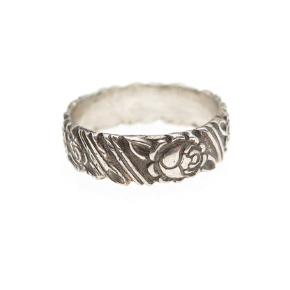 925 Sterling Silver Vintage Rose Flower Oxidized Band Ring Size 7