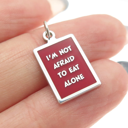 925 Sterling Silver Red Enamel "I'm Not Afraid To Eat Alone" Minimalist Pendant