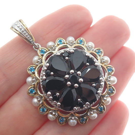 CHUCK CLEMENCY 925 Sterling 2-Tone Pearl Black Spinel Opalite Gem Floral Pendant