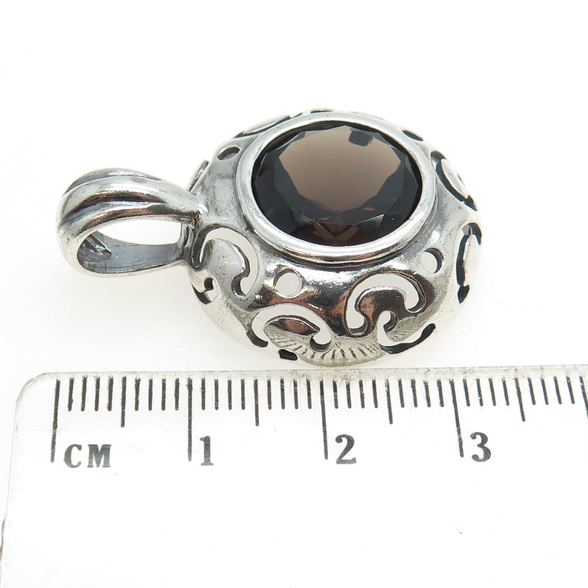 925 Sterling Silver Vintage Real Smoky Quartz Ornate Pendant