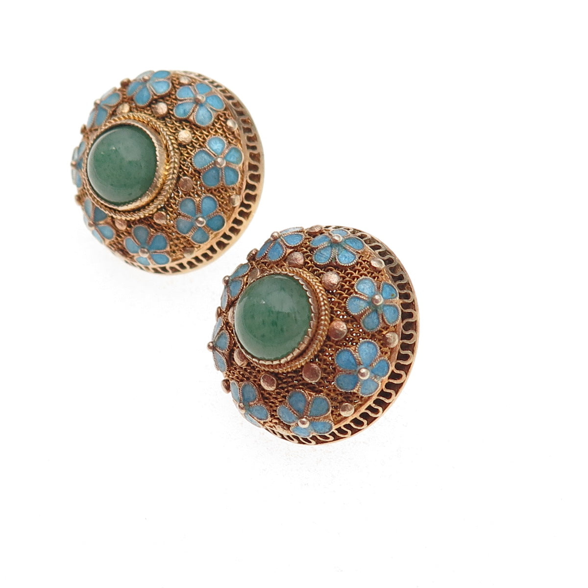 925 Sterling Silver Gold Plated Vintage Enamel Real Aventurine Floral Earrings