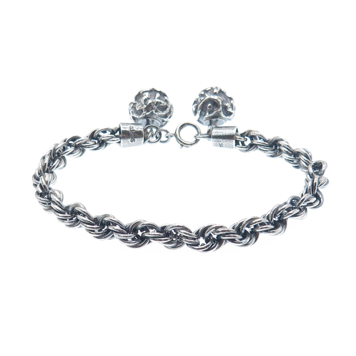 925 Sterling Silver Vintage Modernist Ball Oxidized Twisted Link Bracelet 7.25"