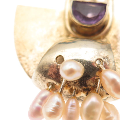 925 Sterling GP Vintage Real Amethyst & Pearl Modernist Earrings (missing pearl)