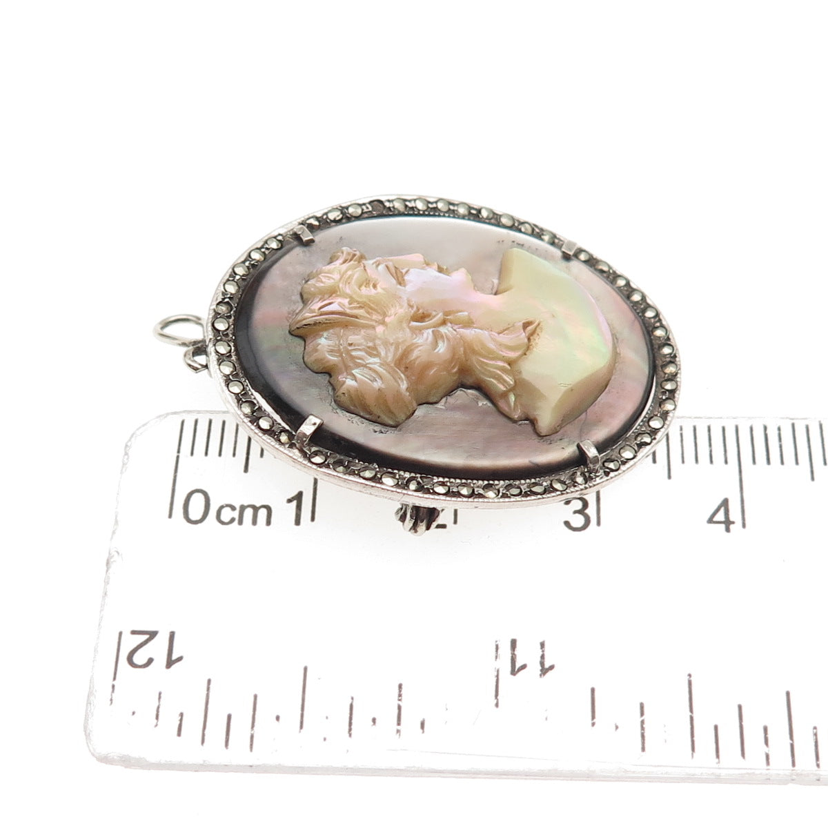 900 Silver Antique Real MOP & Marcasite Lady Cameo Pin Pendant (missing 1 stone)