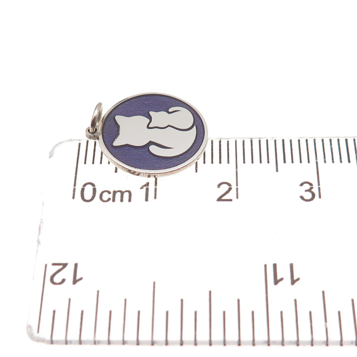 925 Sterling Silver Purple Enamel Mom & Child Cat Round Tag Mini Charm Pendant
