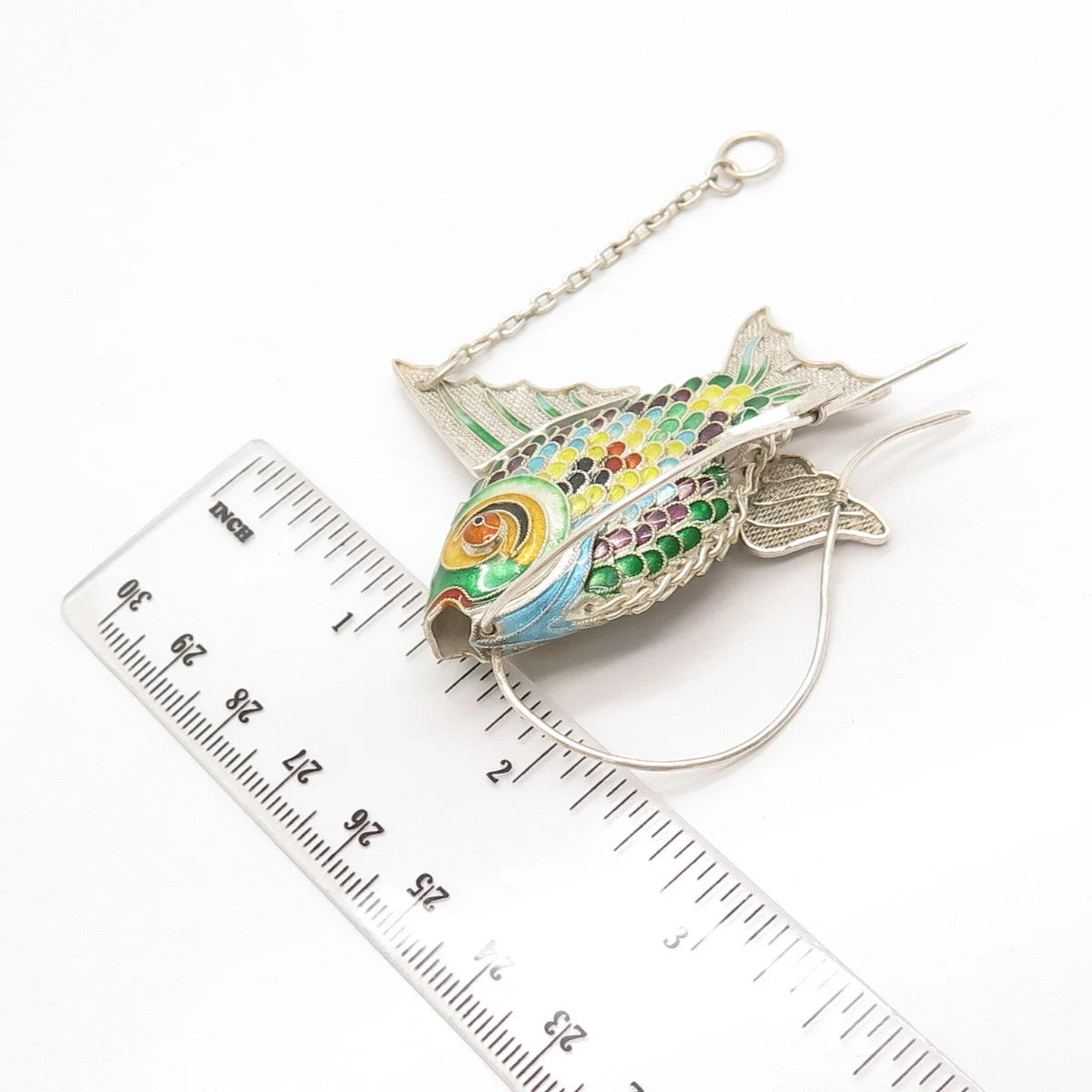 925 Sterling Silver Antique Enamel Articulated Chinese Koi Fish Pendant / Fob