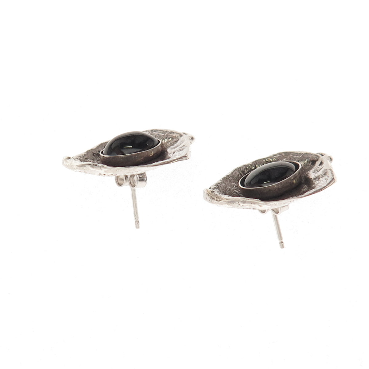 925 Sterling Silver Vintage Real Black Onyx Modernist Oxidized Earrings