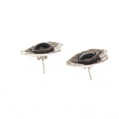 925 Sterling Silver Vintage Real Black Onyx Modernist Oxidized Earrings