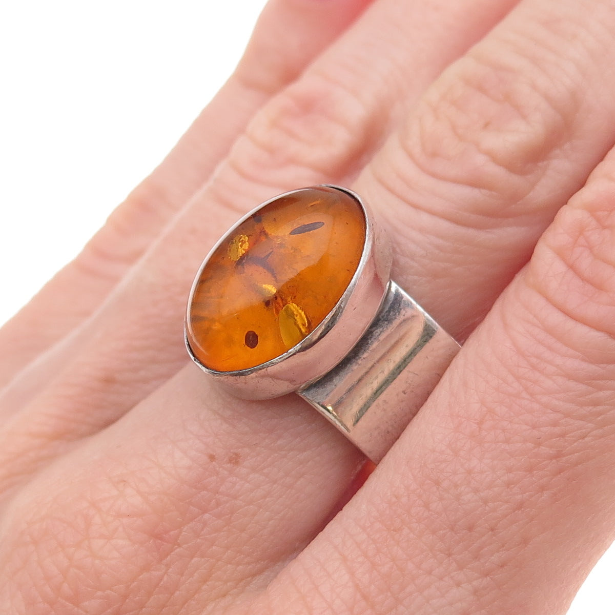 925 Sterling Silver Vintage Real Amber Modernist Oxidized Ring Size 8.25