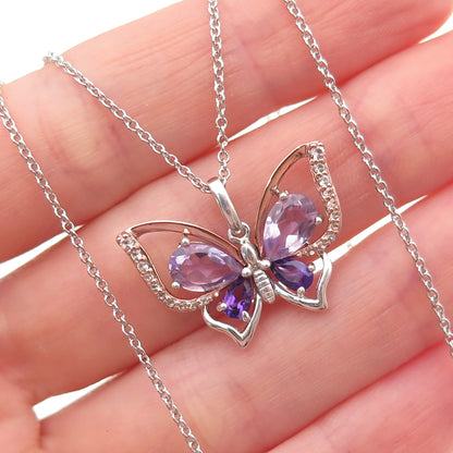 925 Sterling 10K Gold Real Amethyst & Blue Topaz Butterfly Chain Necklace 18"