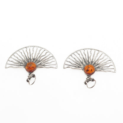 925 Sterling Silver Vintage Poland Real Amber Sun Modernist Dangle Earrings