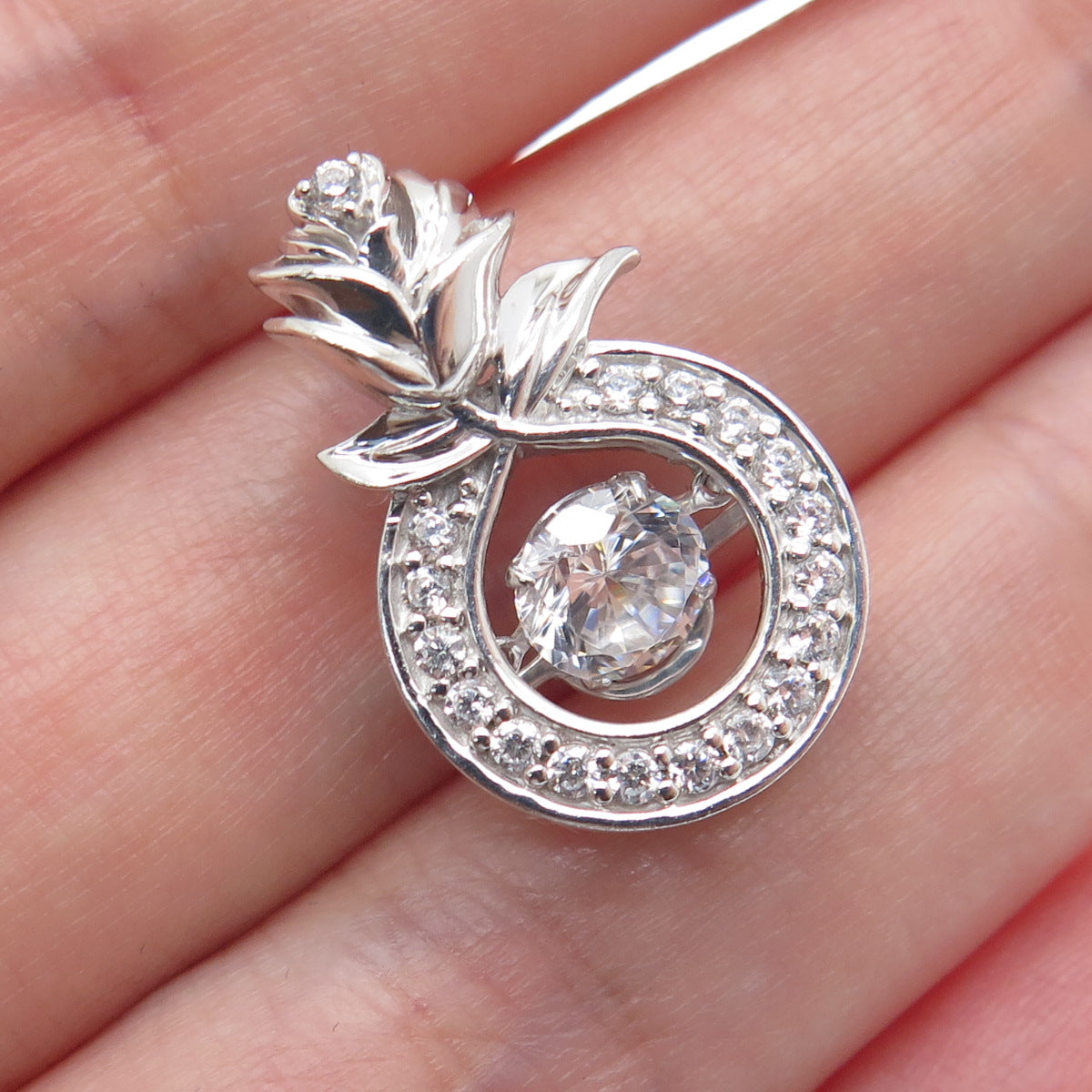 925 Sterling Silver Round-Cut C Z Rose Flower Minimalist Charm Slide Pendant