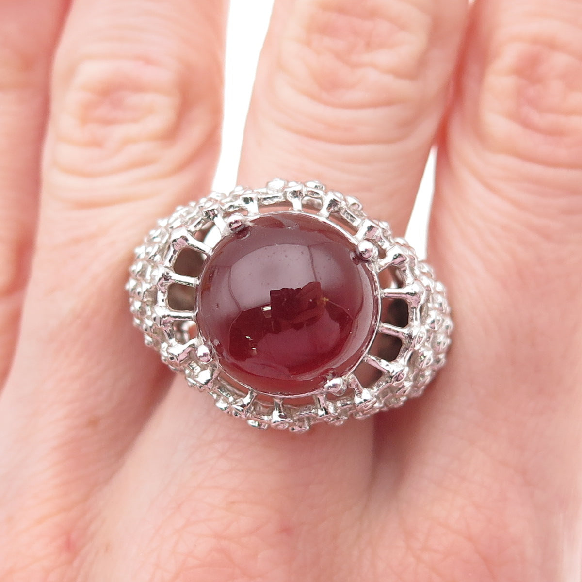 925 Sterling Silver Vintage Real Carnelian Modernist Beaded Ring Size 7.5