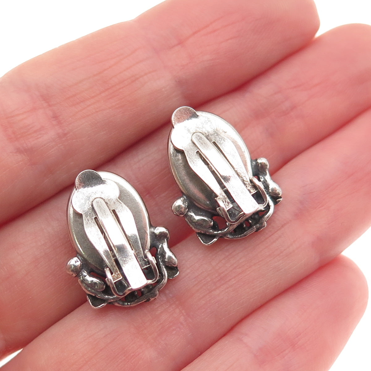 925 Sterling Silver Vintage BC Poland Real Amber Modernist Clip On Earrings