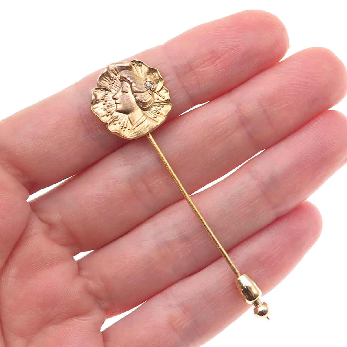 Gold Filled Antique Art Deco Rhinestone Japanese Geisha Lapel Pin