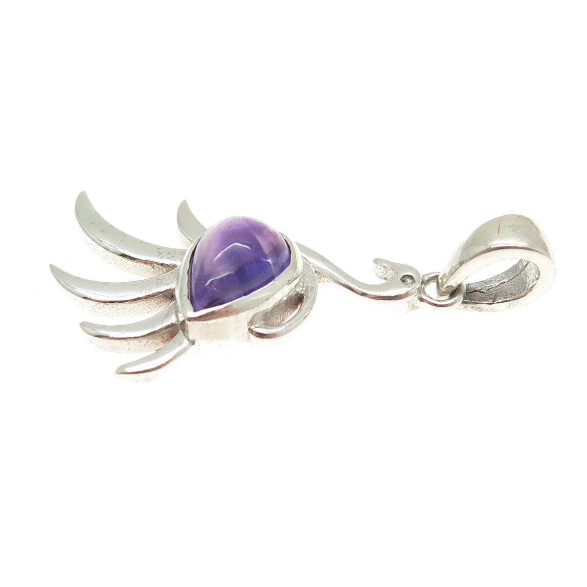 925 Sterling Silver Real Pear-Cut Amethyst Gemstone Swan Modernist Pendant