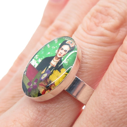925 Sterling Silver Vintage Enamel Frida Kahlo Pressed Flowers Ring Size 7.75