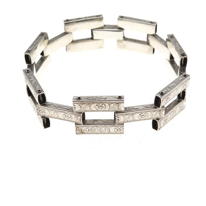 925 Sterling Silver Antique Art Deco Floral Panel Bar Link Bracelet 6.75"