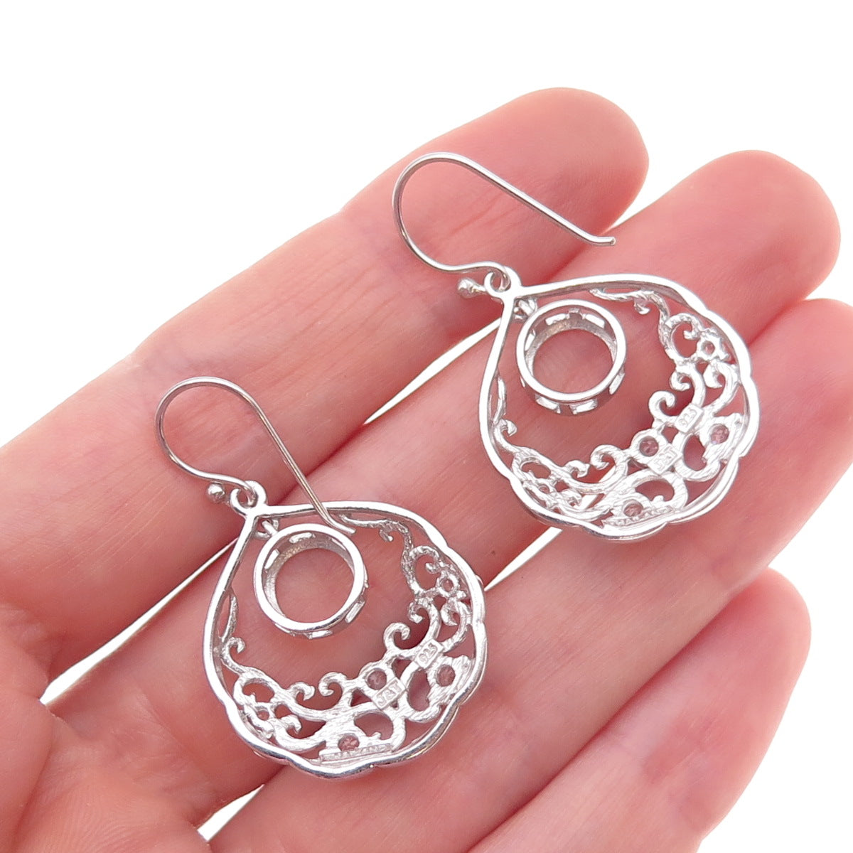 925 Sterling Silver Real White Topaz Ornate Crescent Dangle Earrings