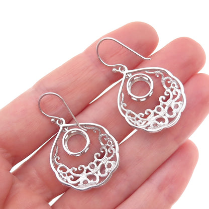 925 Sterling Silver Real White Topaz Ornate Crescent Dangle Earrings