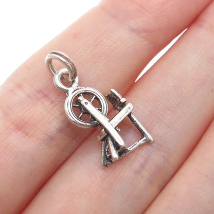 925 Sterling Silver Vintage Spinning Wheel Minimalist 3D Charm Pendant