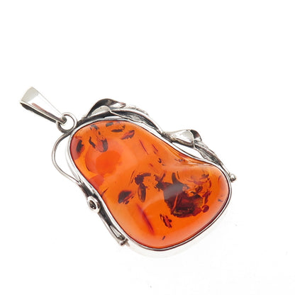 925 Sterling Silver Vintage Real Amber Modernist Floral Oxidized Pendant