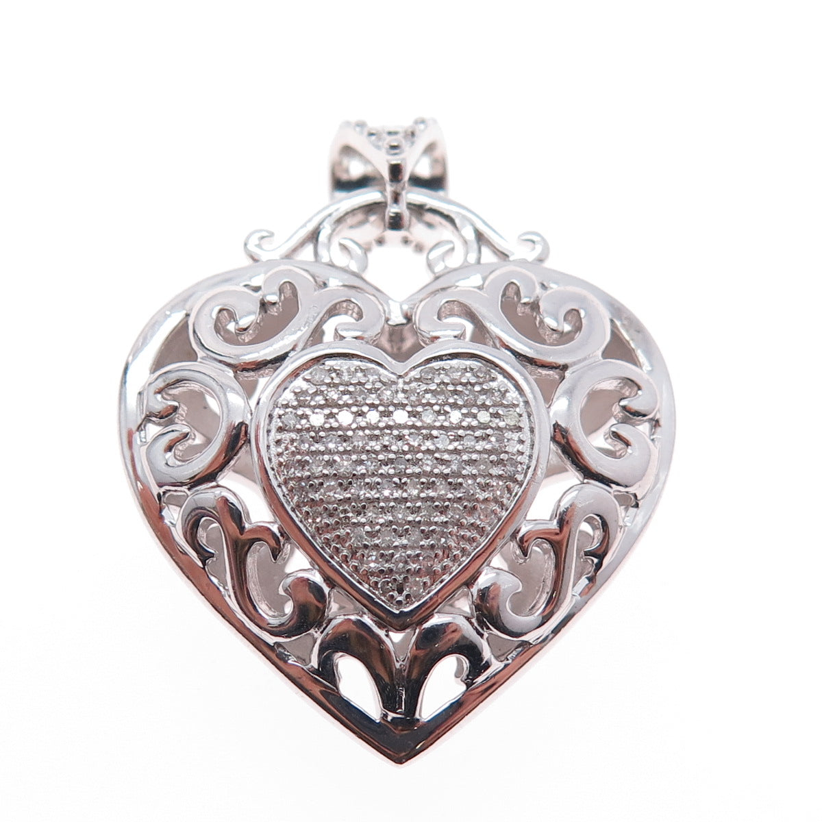 925 Sterling Silver Real Round-Cut Diamond Ornate Heart Charm Pendant