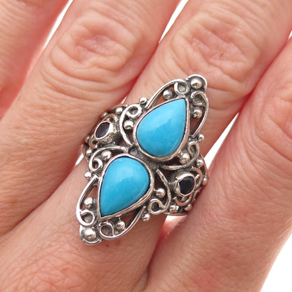 925 Sterling Silver Vintage Real Turquoise & Iolite Oxidized Ring Size 8